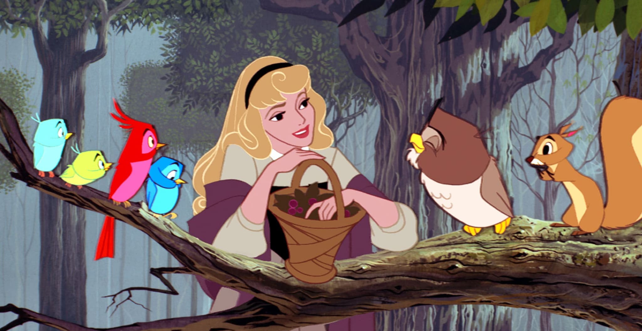 Aurora stands in the forest surrounded by birds on a branch.