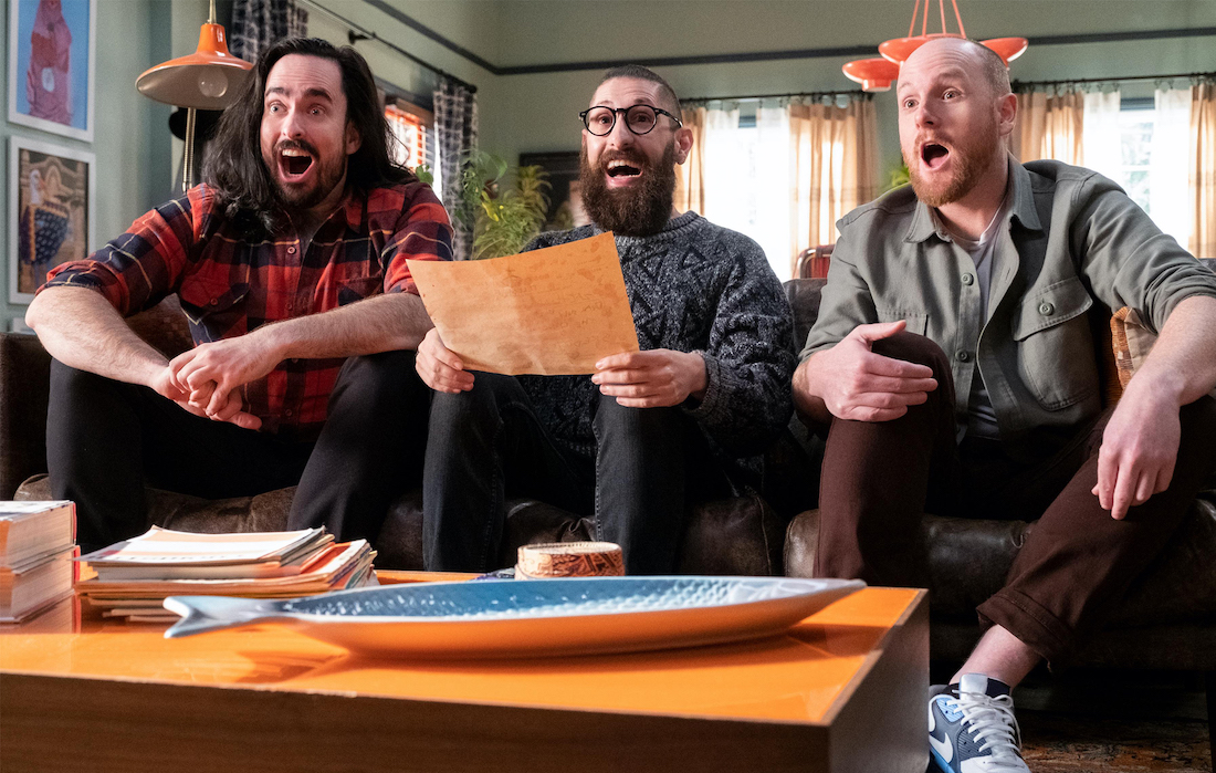 Cast members of Aunty Donna in their show, Aunty Donna's Big Ol' House Of Fun.