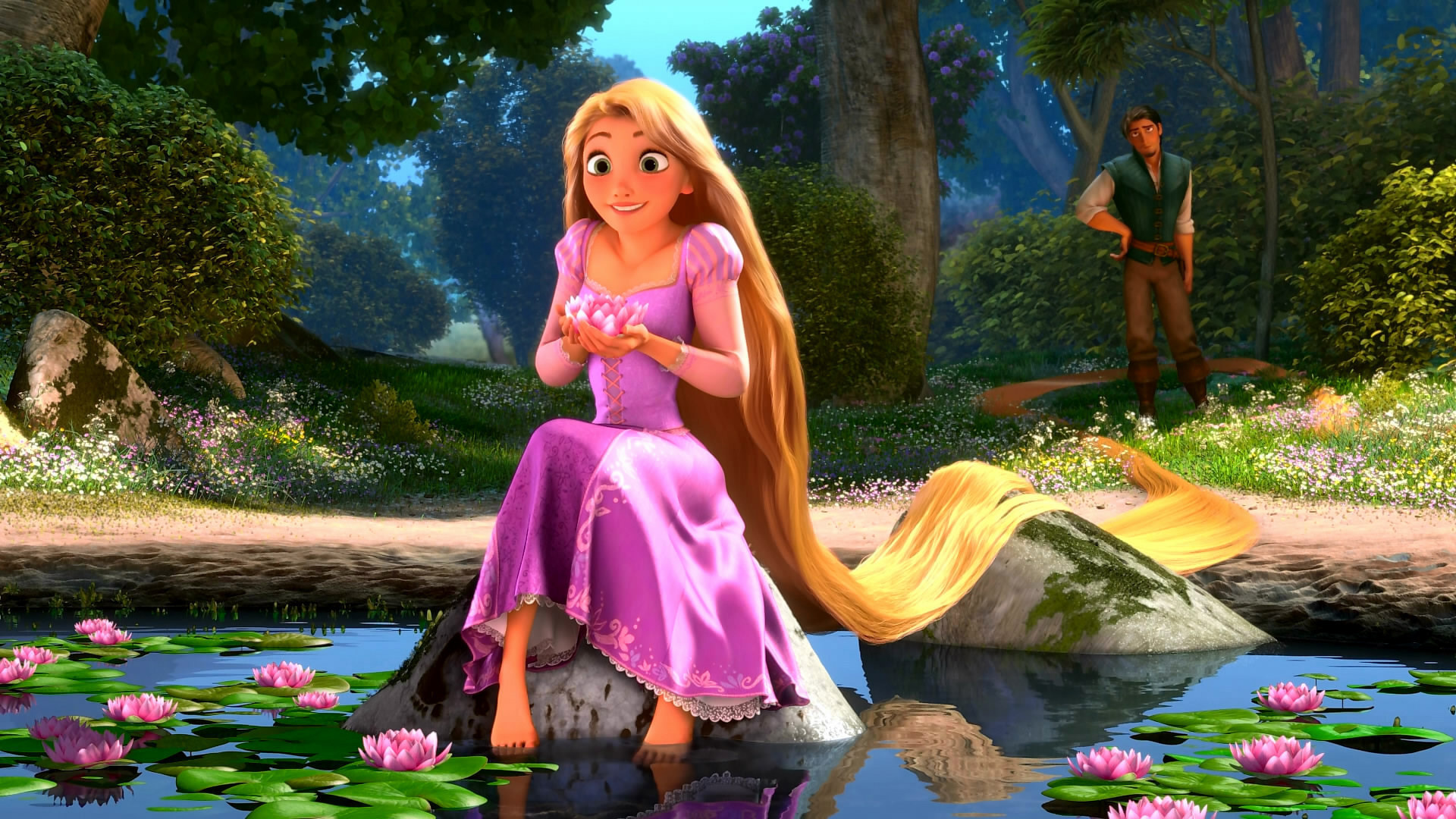 Rapunzel sits on a rock surrounded by lily pads.