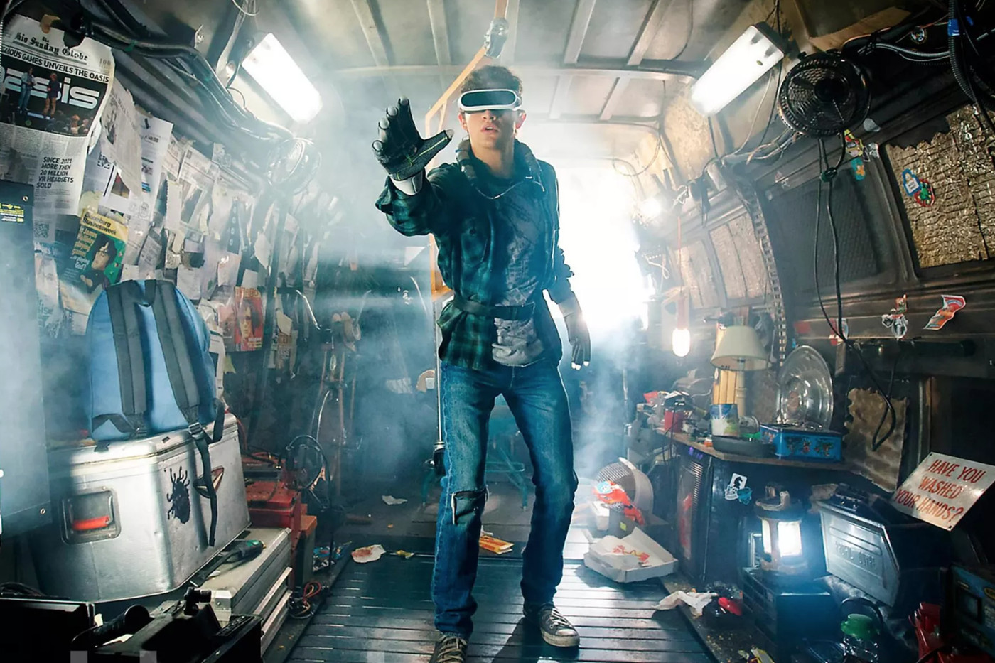 A character in Ready Player One uses virtual reality gaming with futuristic goggles.