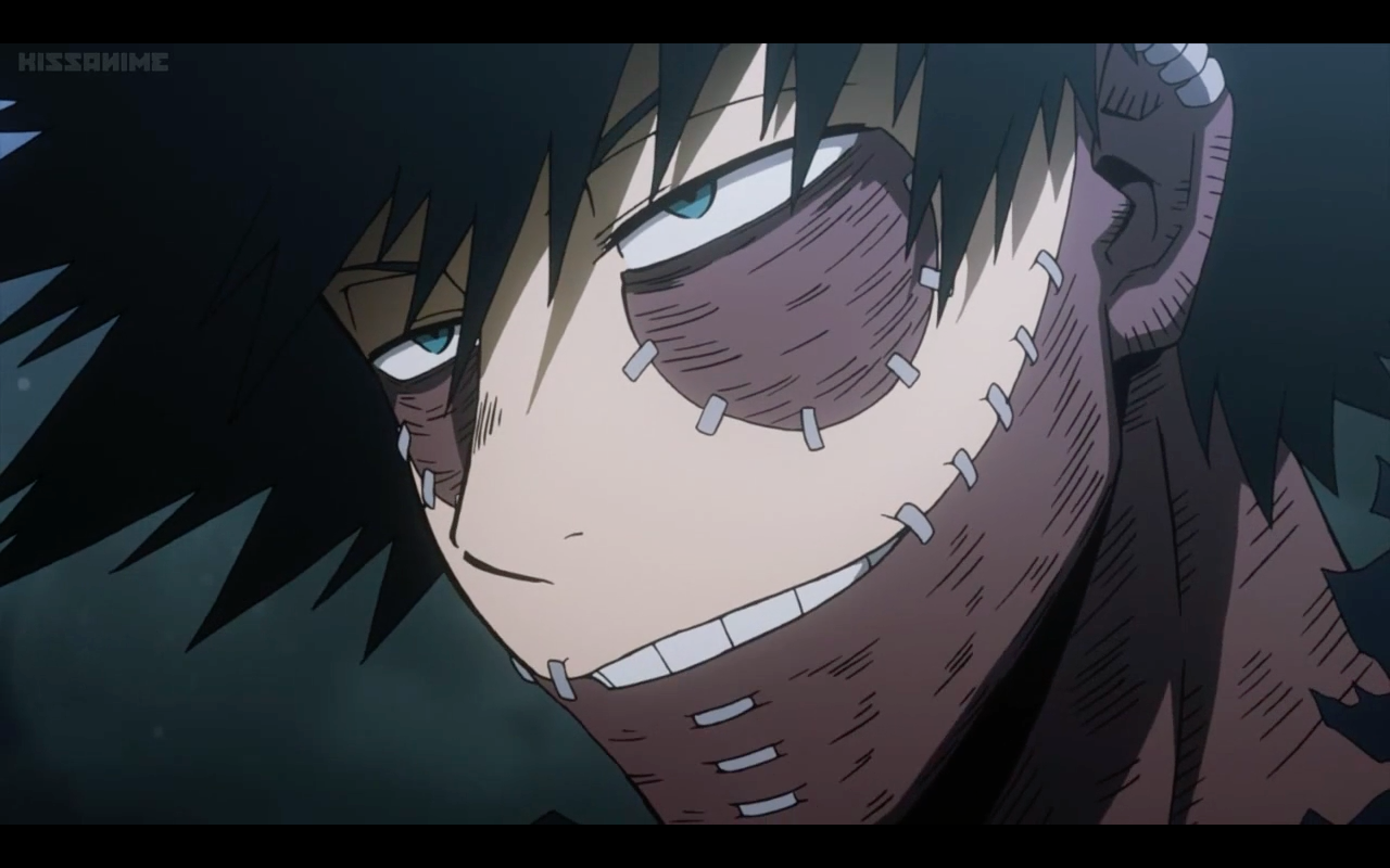 My Hero Academia's most mysterious and cool looking villain: Dabi giving a crooked smile. 