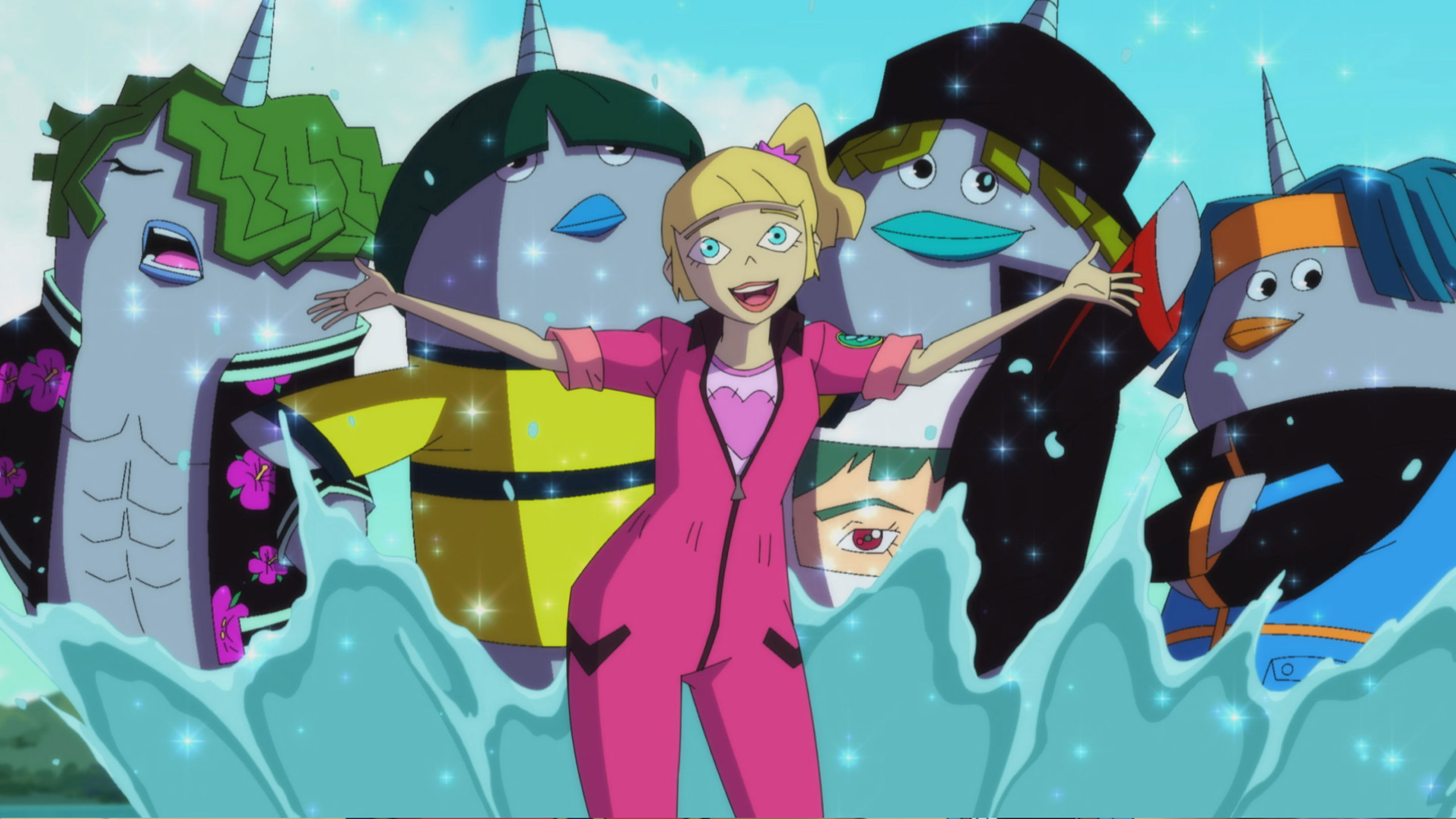 Doag dances with a group of narwhal mutes dressed in fashionable clothes. 