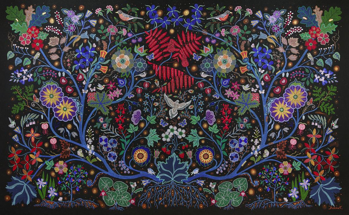 Métis artist, Christi Belcourt's "The Wisdom of the Universe" is a vibrant tapestry depicting threatened, endangered, and extinct plants and wildlife.