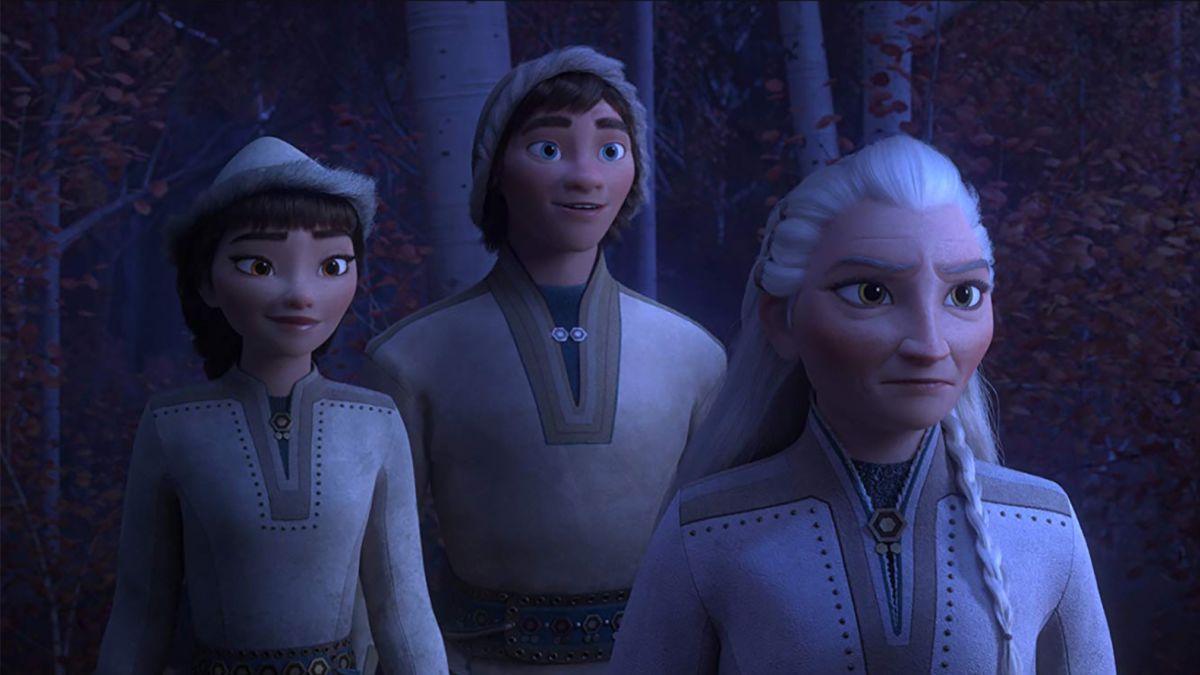 The Northuldra (Honeymaren, Ryder, and Yelena) look at newcomers Anna and Elsa.