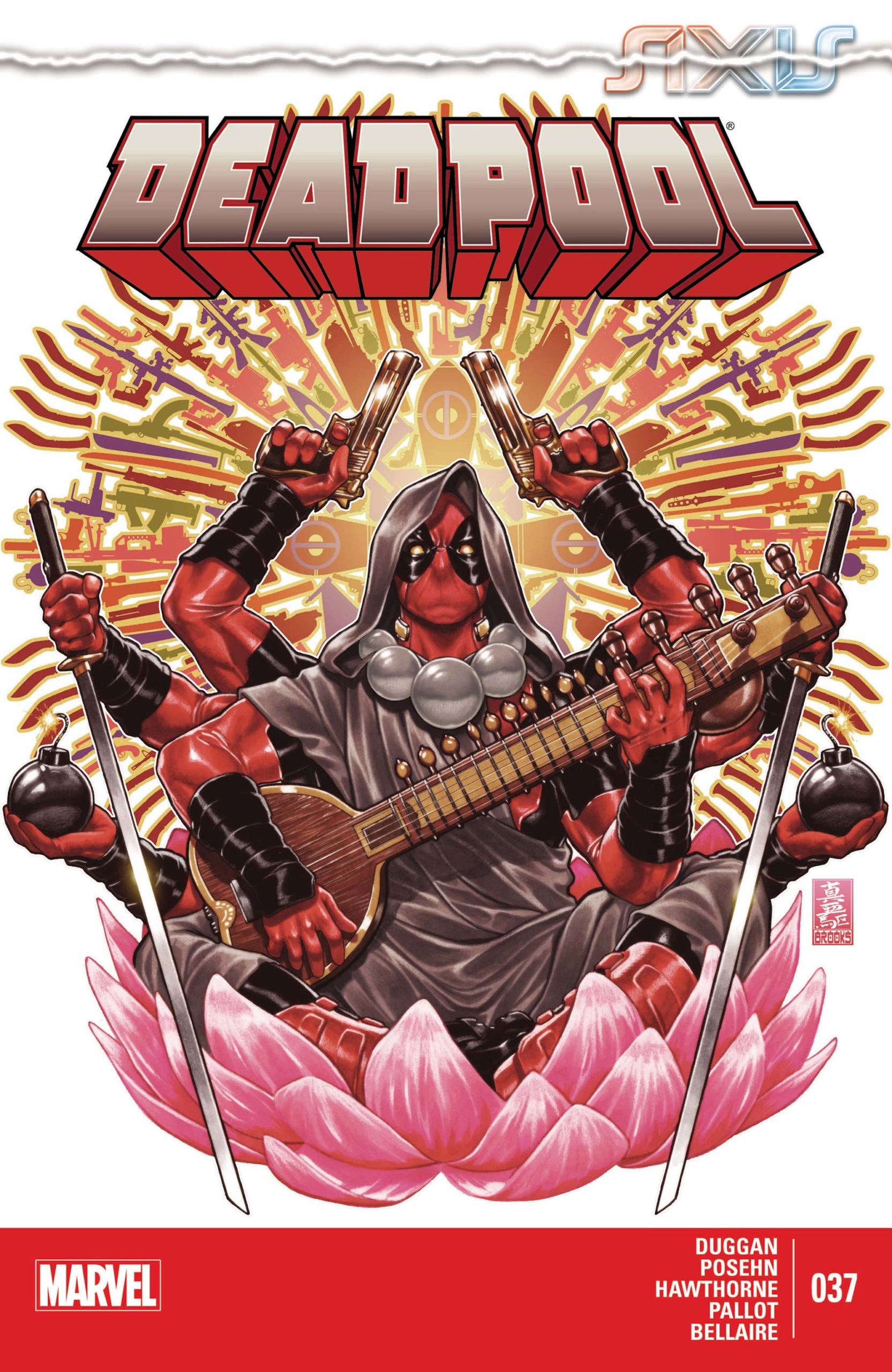 This image is the cover of Deadpool #37 (2012) and shows a new enlightened version of the character of Deadpool. 