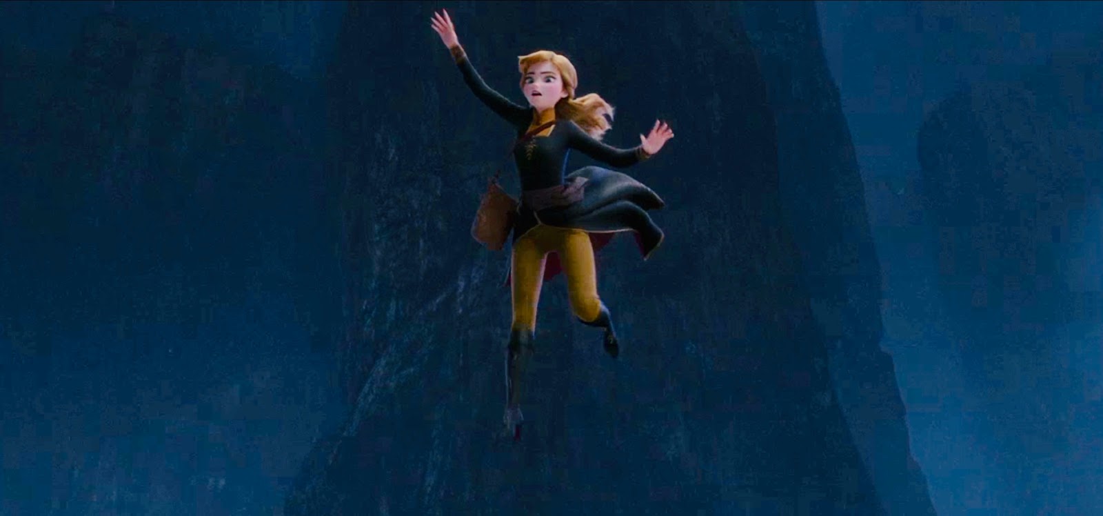 Anna jumps from a high rock in Frozen II.