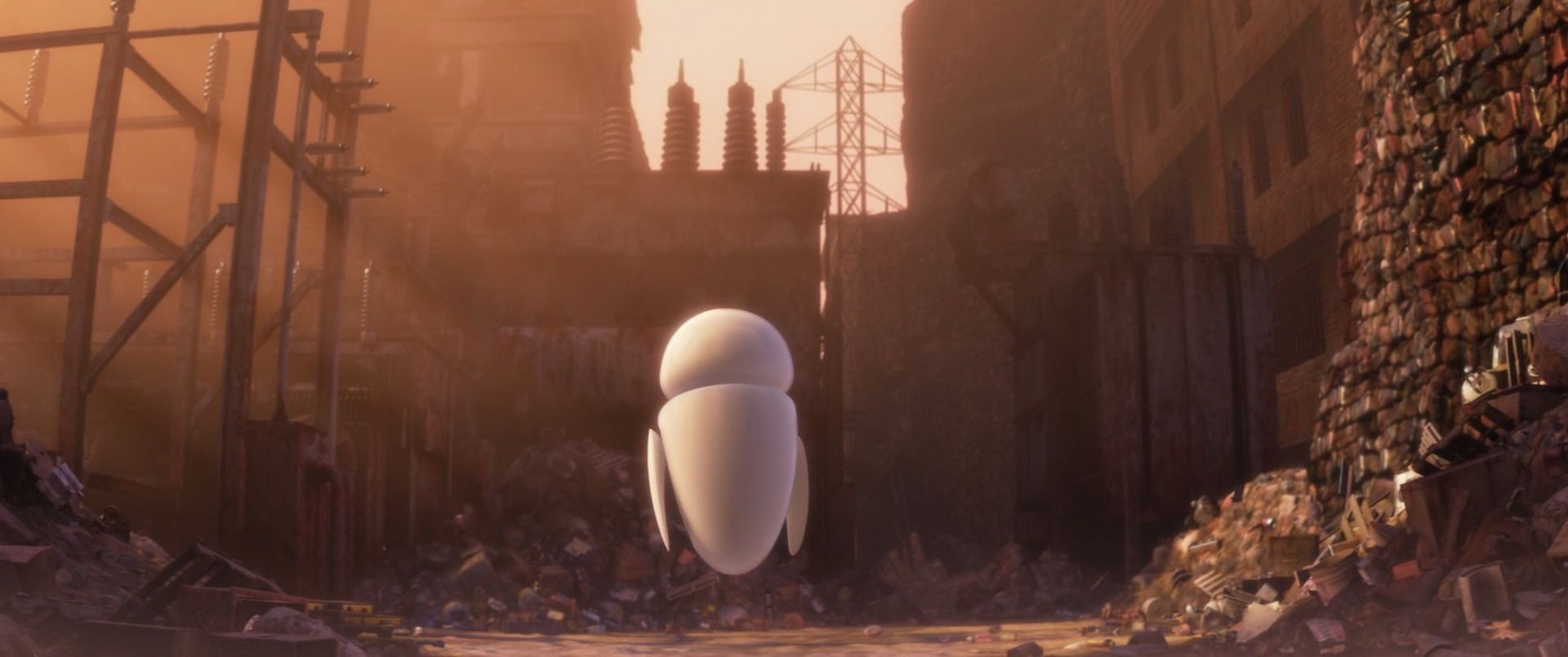 EVE looking out over all of the trash still left on earth in WALL-E.