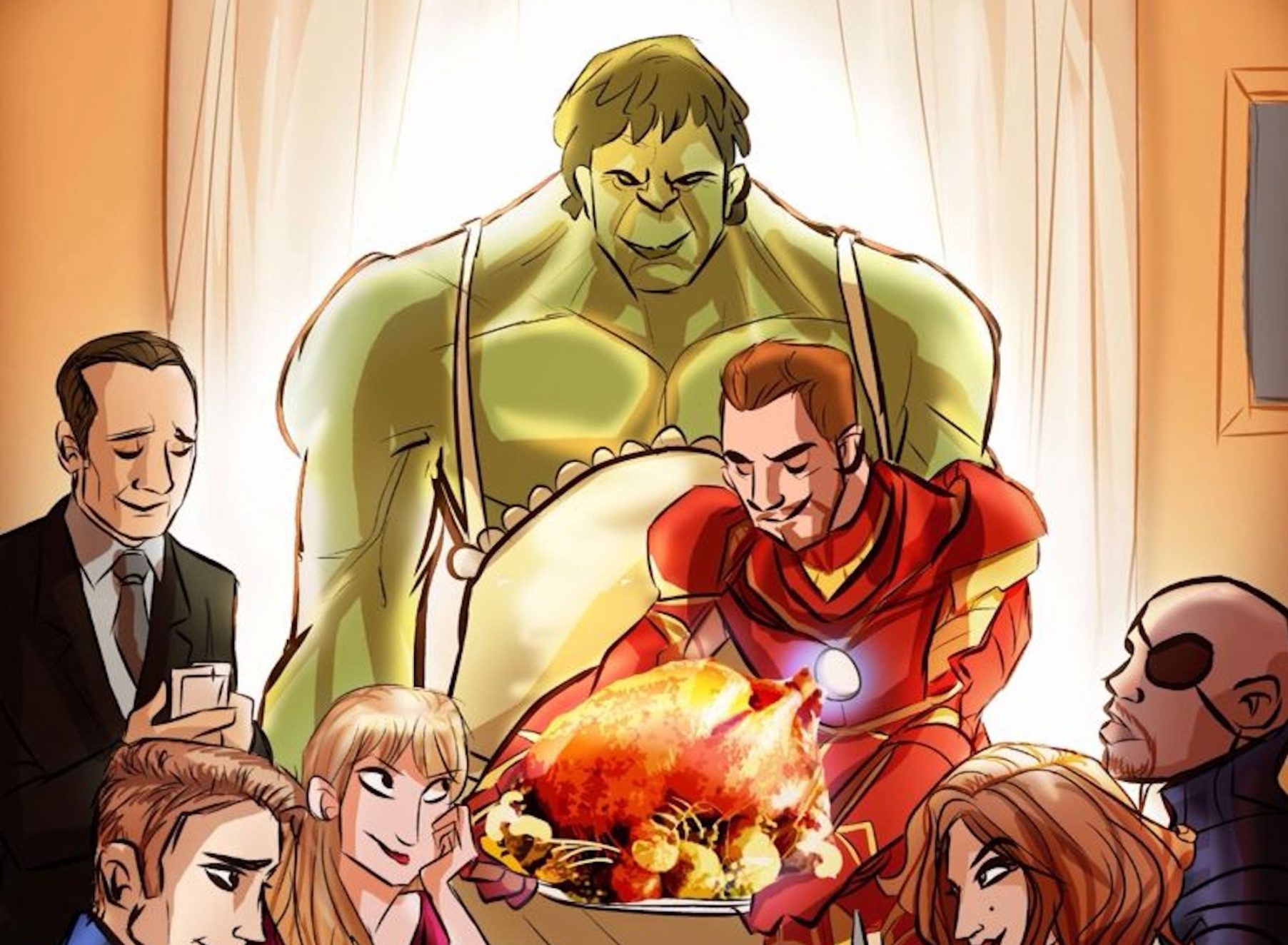 This image is an illustration of the Avengers enjoying Thanksgiving dinner together.