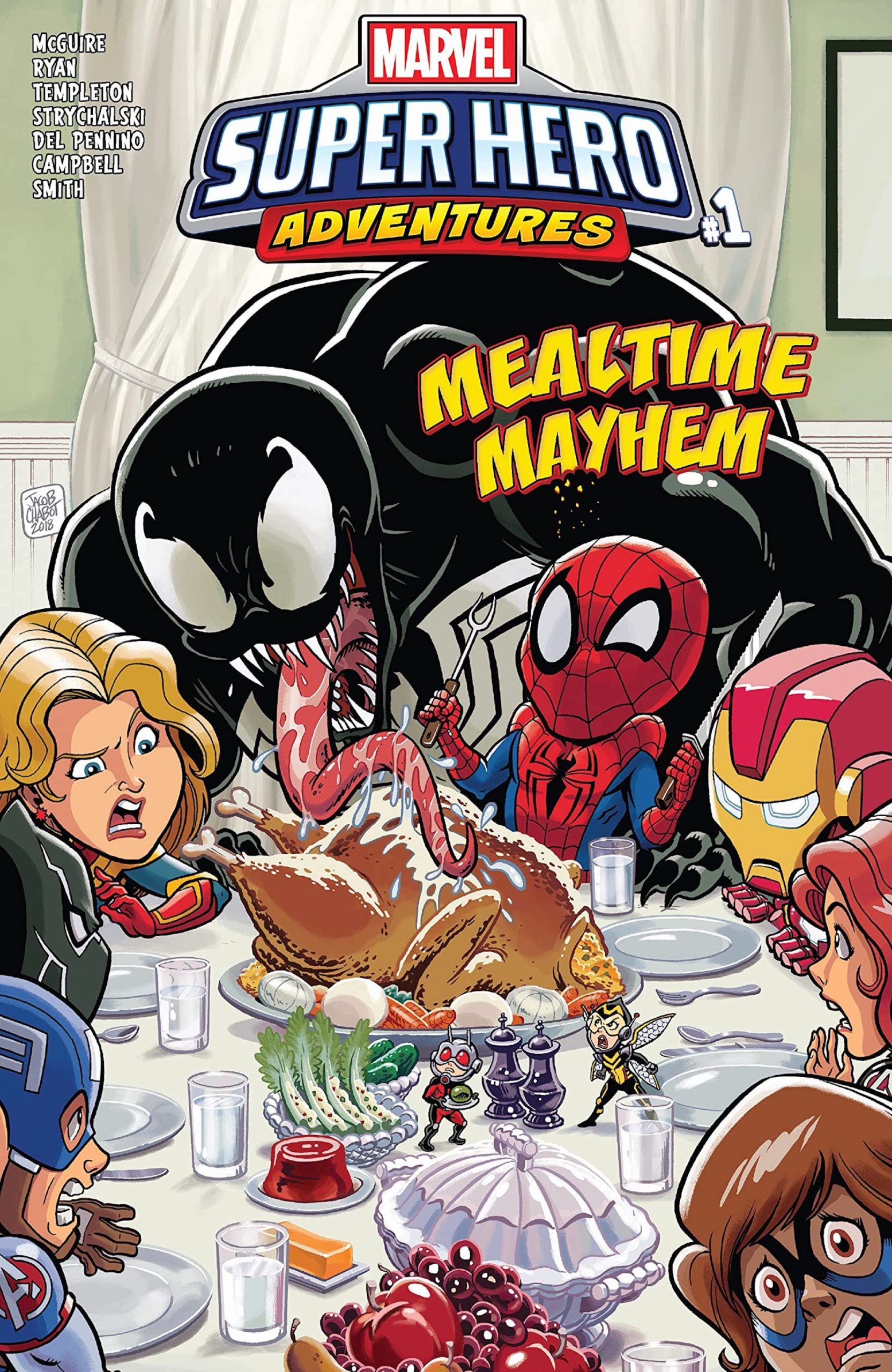 This image is the cover of the comic, Mealtime Mayhem Vol 1 #1 (2018) and shows Captain Marvel, Spider-Man, and Iron Man, protecting their Thanksgiving dinner from Venom. 