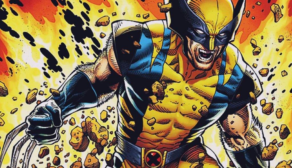 Wolverine in his classic yellow costume in an action shot from the waist up, claws out and mouth growling.