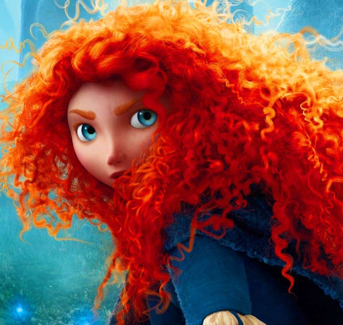 Merida stands with her red hair covering the lower half of her face.