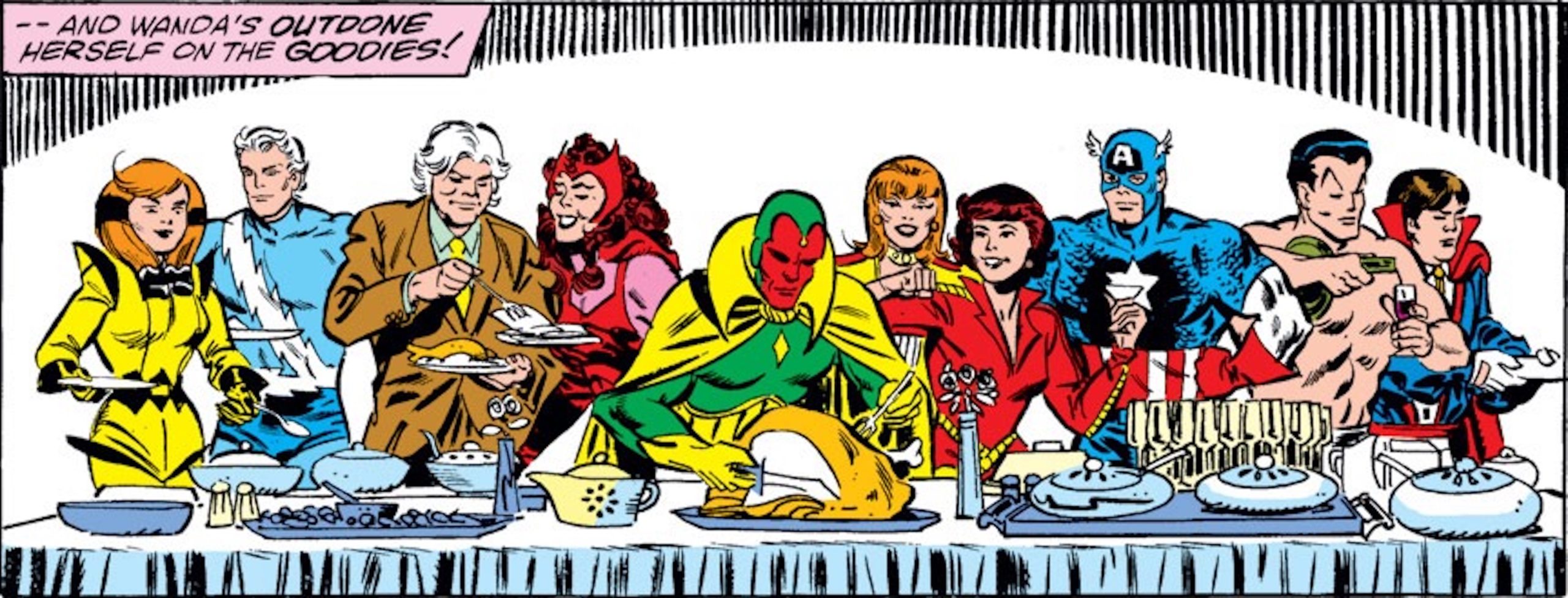 This image is from Vision and The Scarlet Witch #6 (1985) and shows several Marvel superheroes enjoying Thanksgiving dinner together at Wanda and Vision's home. 