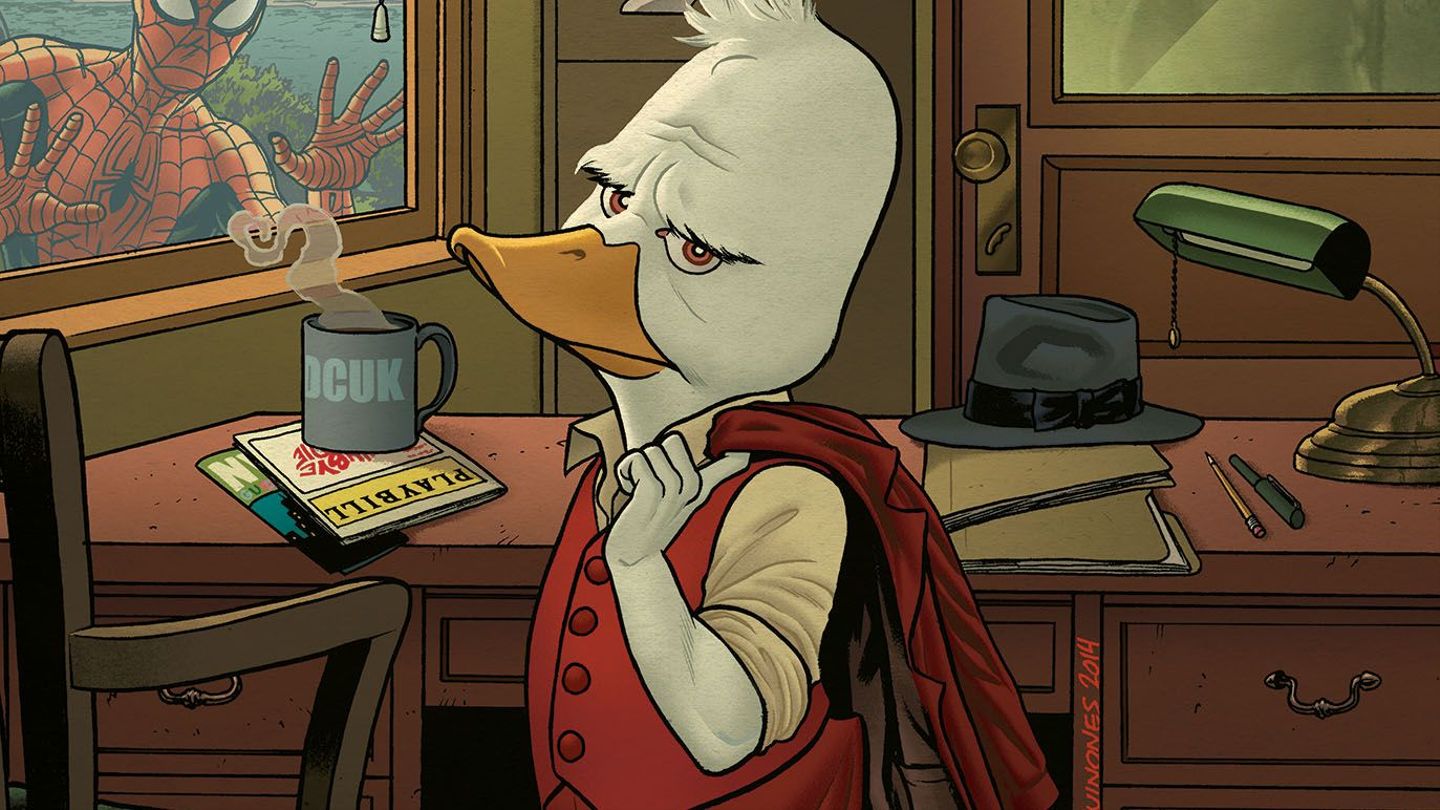Comic book image of Howard the Duck in a suit, with a jacket over his shoulder. He appears to be a private detective in his office; a fedora sits alone on the desk.