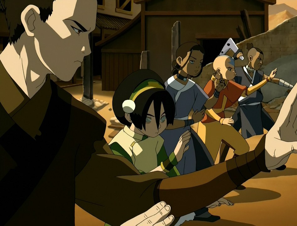 Team Avatar lines up among the rubble of a destroyed town and prepares to attack Azula.