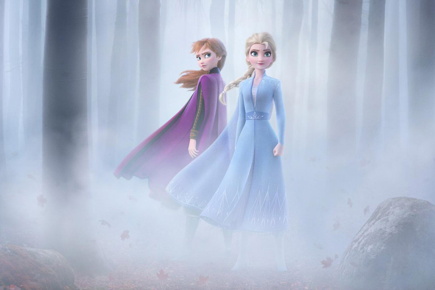 Anna and Elsa stand in the Enchanted Forest, surrounded by mist.