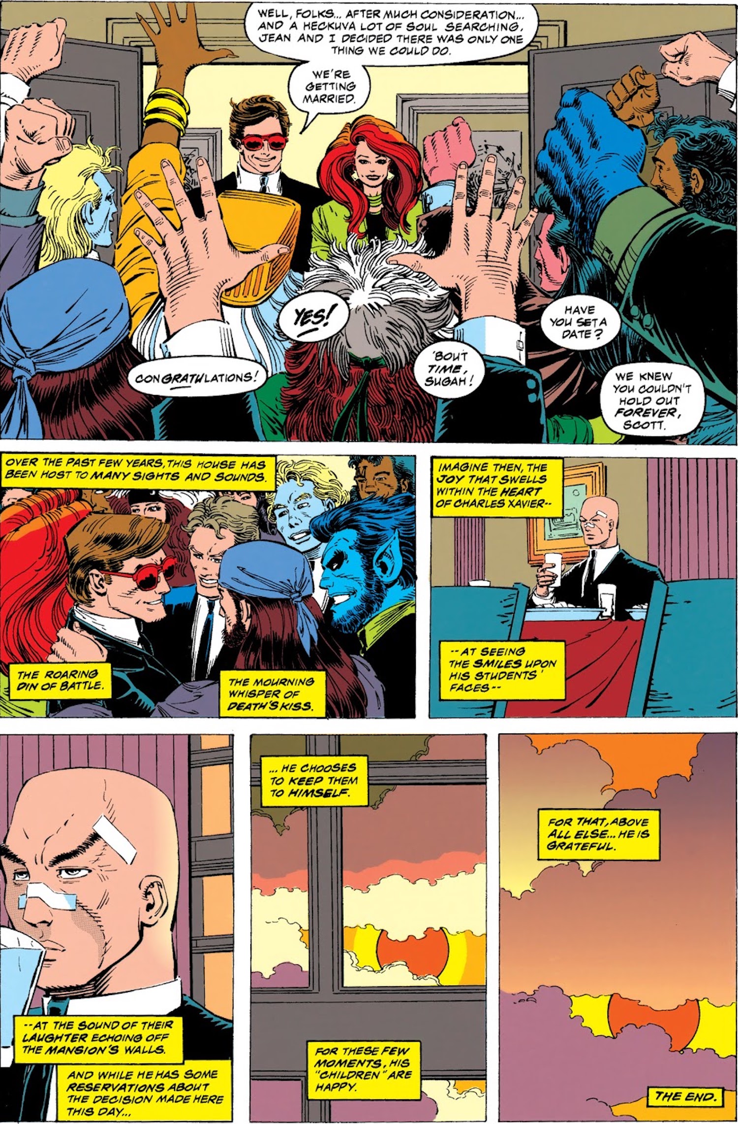 This image is from Uncanny X-Men #308 (1963) and shows Jean Grey and Scott Summers announcing their engagement, as well as Professor Xavier's joy over the event. 
