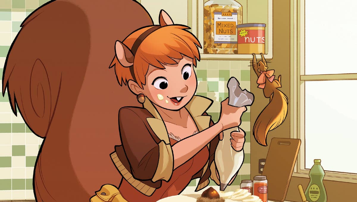 The hero, Squirrel Girl, baking and making a mess in the kitchen with the help of a squirrel.