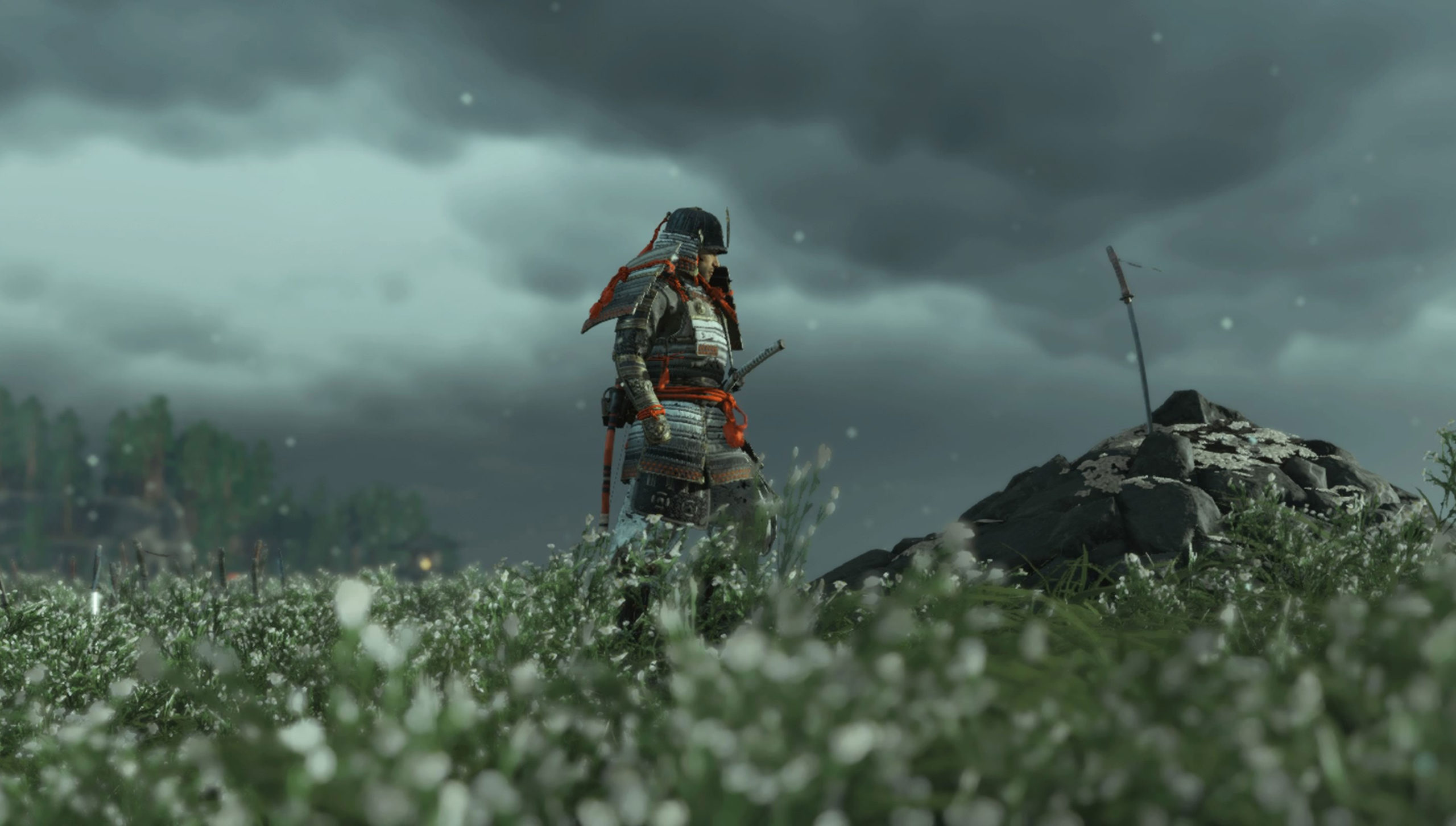 Jin Sakai, the protagonist of "Ghost of Tsushima," stands in field of white flowers. The sky is overcast. Across from him is a grave with a katana-style sword stuck into it as a marker.