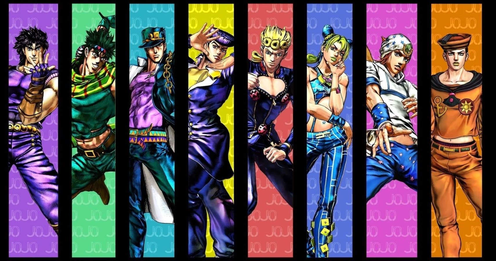 The eight protagonists of JoJo's Bizarre Adventure in order: Johnathan, Joseph, Jotaro, Josuke, Giorno, Jolyne, Johnny, and Josuke.  
