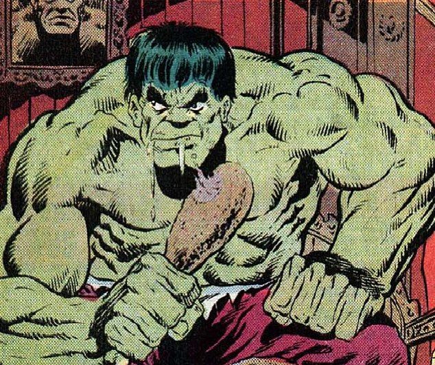 An older comic book panel of the Hulk sitting and feasting on a turkey leg in a less-than-polite way.