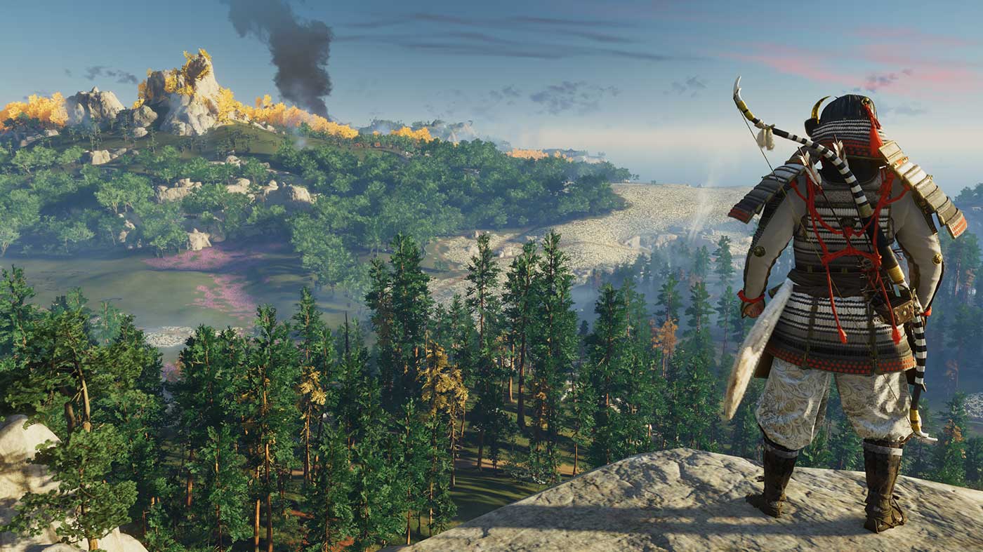 Jin Sakai stands on the edge of a cliff, overlooking a forest and wide river. In the distance, golden-yellow trees can be seen, as well as a plume of smoke.