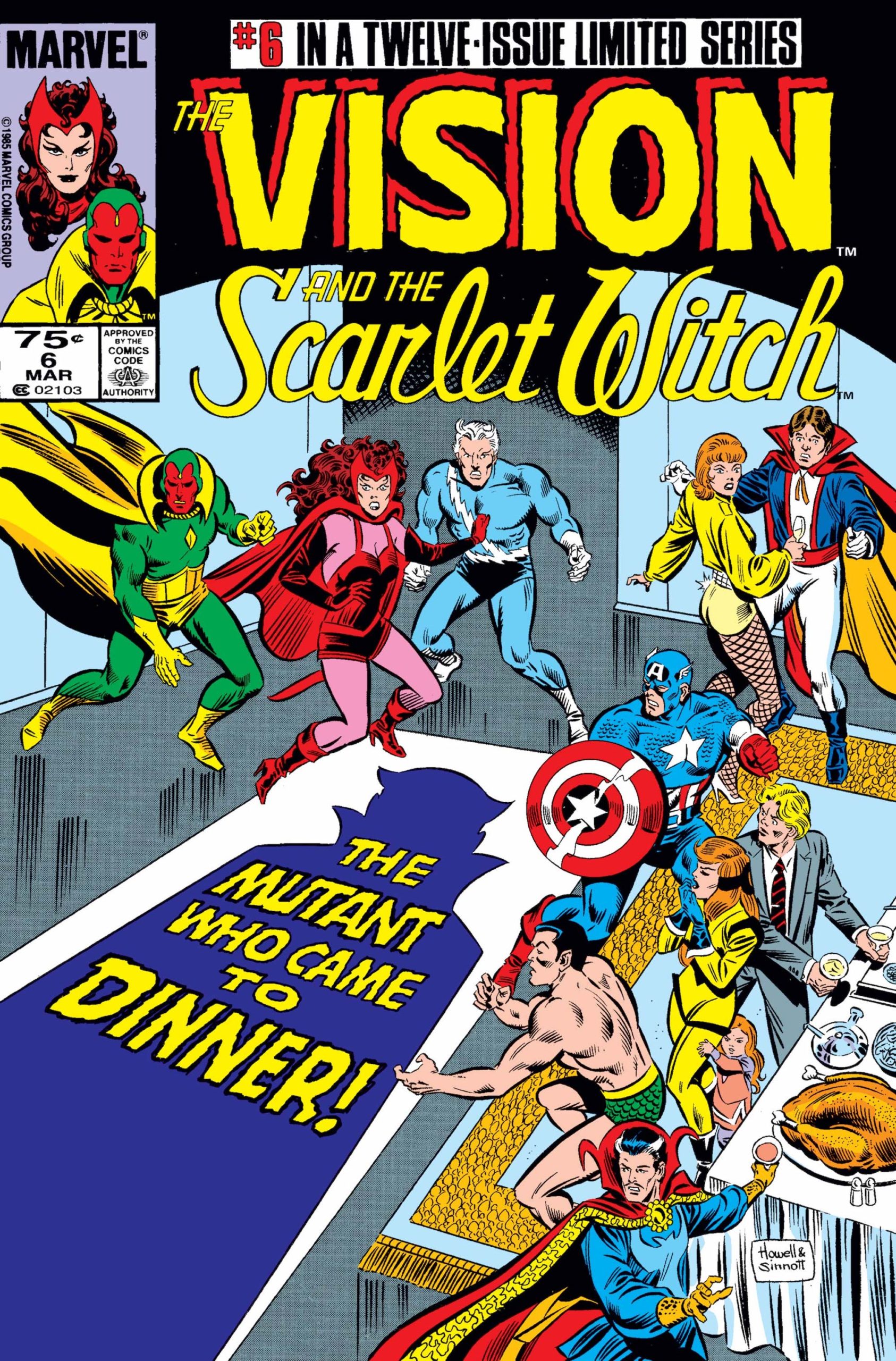 This image is the cover of Vision and The Scarlet Witch #6 (1985) and shows Wanda and Vision's Thanksgiving dinner party with several Marvel characters. 