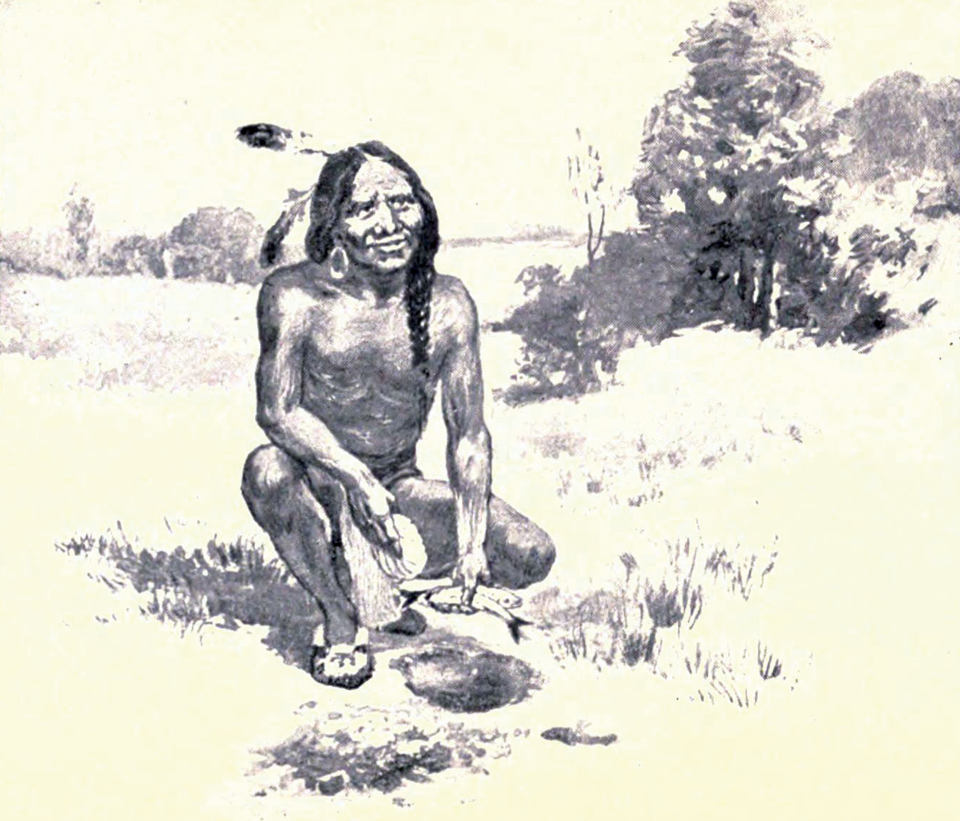 A drawing of the Native American diplomat, Squanto, teaching the Plymouth pilgrims how to fertilize their crops with fish.
