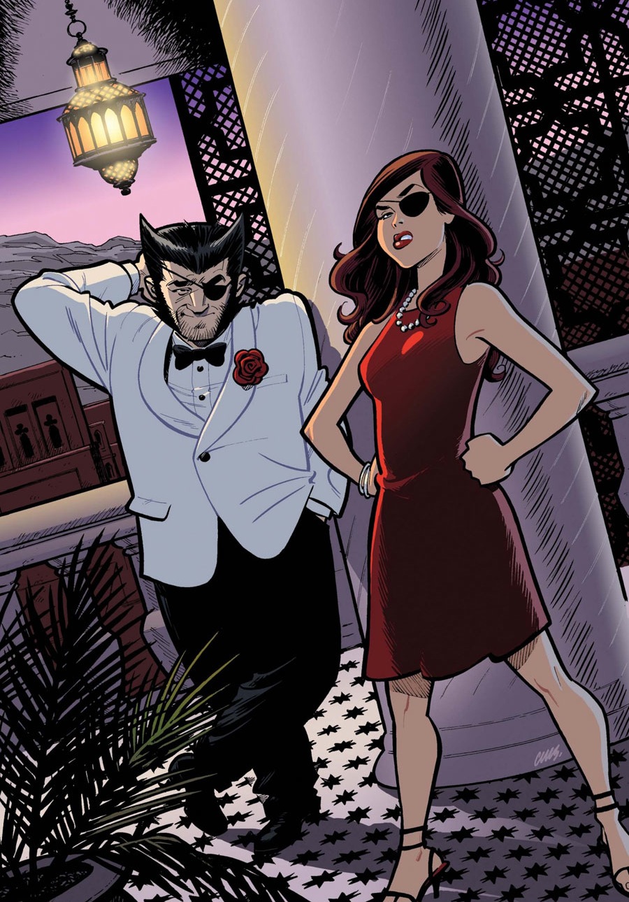 Wolverine in disguise as Patch, wearing a white tuxedo and an eye patch next to a woman in a formal red dress and eye patch.