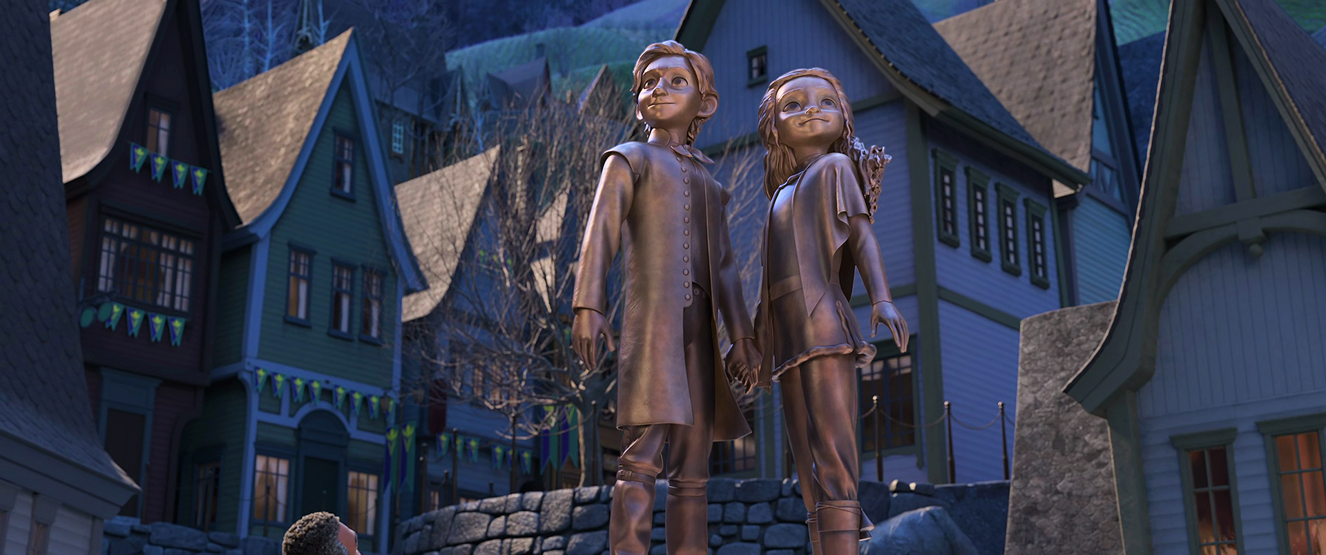 The statue of Elsa and Anna's parents stands in Arendelle's town square.