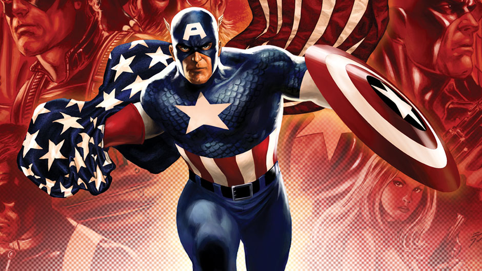 Captain America in an action pose with his shield in one hand and the American flag in the other. He runs over a red and white background.