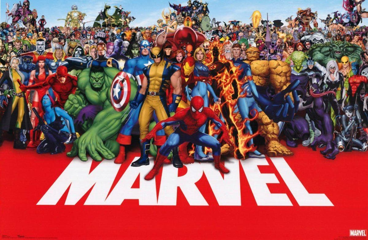 A wide image of as many Marvel characters as possible in one image. Notably at the front are Spider-man, Wolverine, Iron Man, Sue Storm, the Hulk, and Iron Man. 