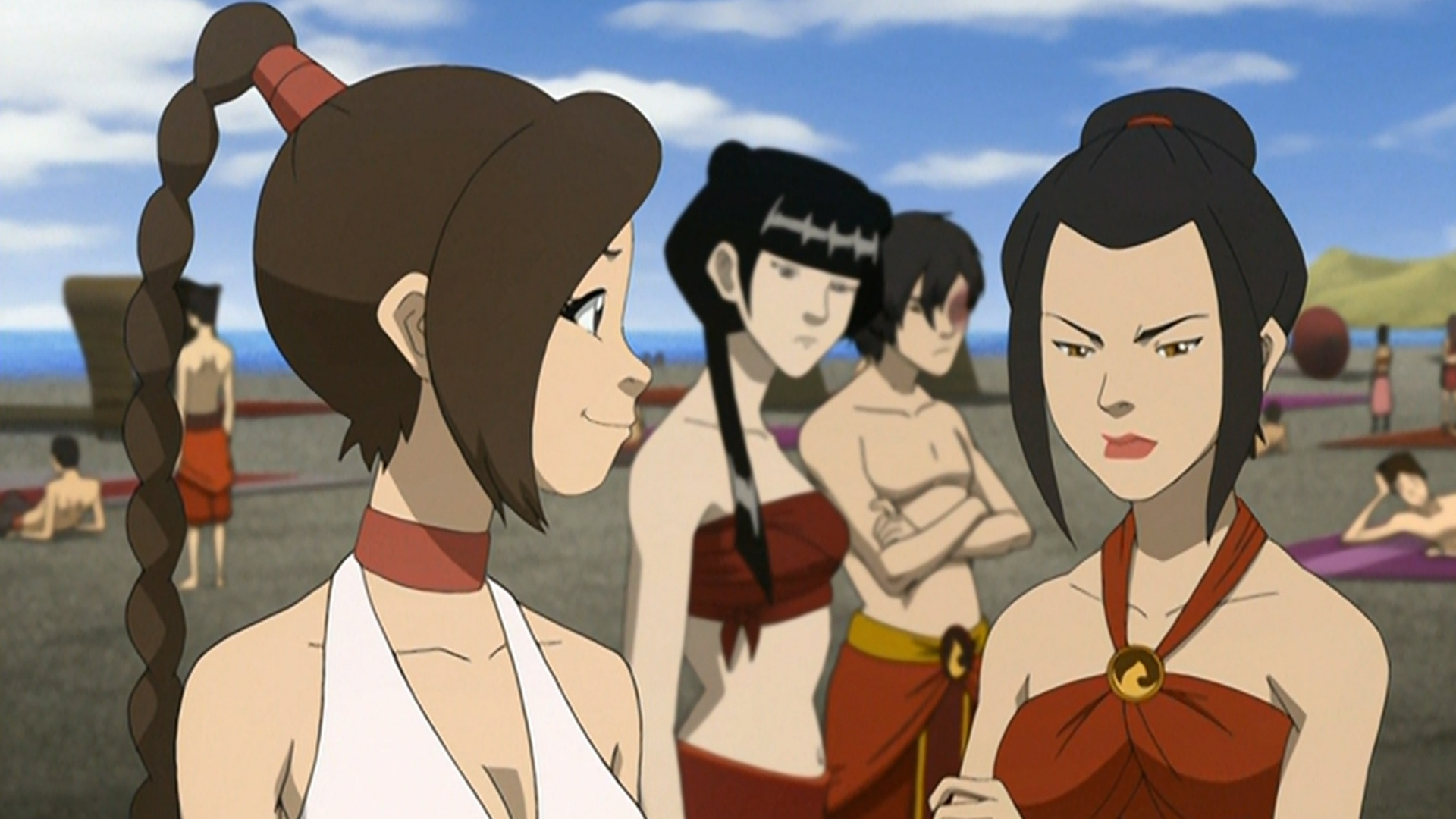 Ty Lee, Mai, and Zuko look at Azula as she decides whether to play beach volleyball.