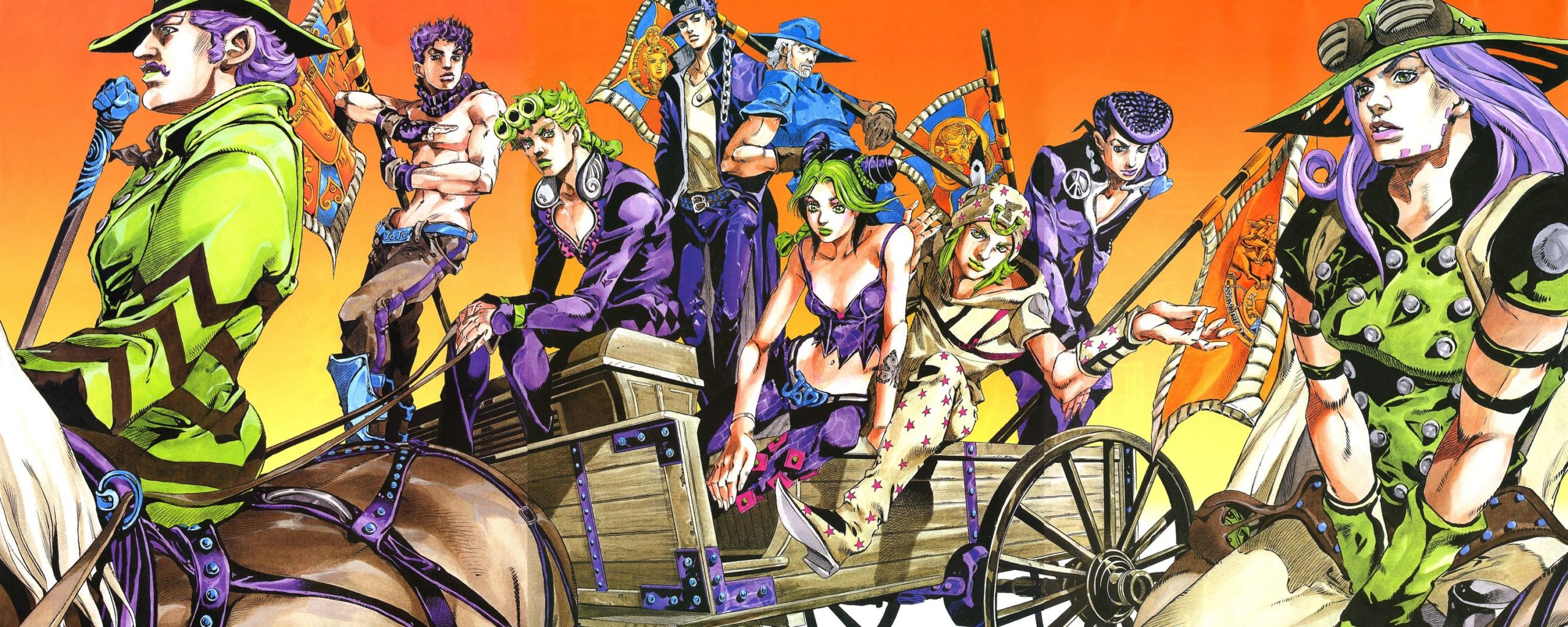 A colorful and dynamic drawing of many characters from JoJo's Bizarre Adventure. 