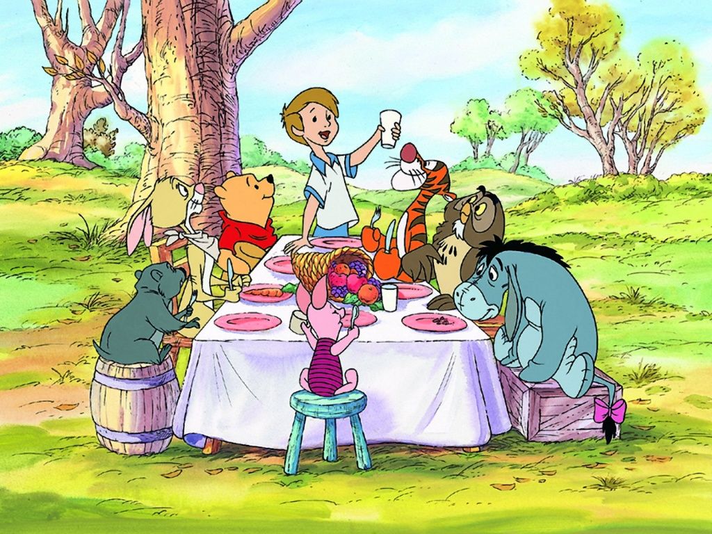 Winnie the Pooh celebrates thanksgiving with his friends.