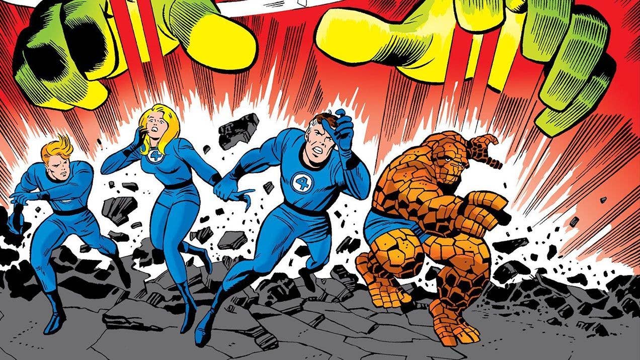 Comic book cover of the Fantastic Four escaping forward, in an action shot, from two giant pursuing hands. 