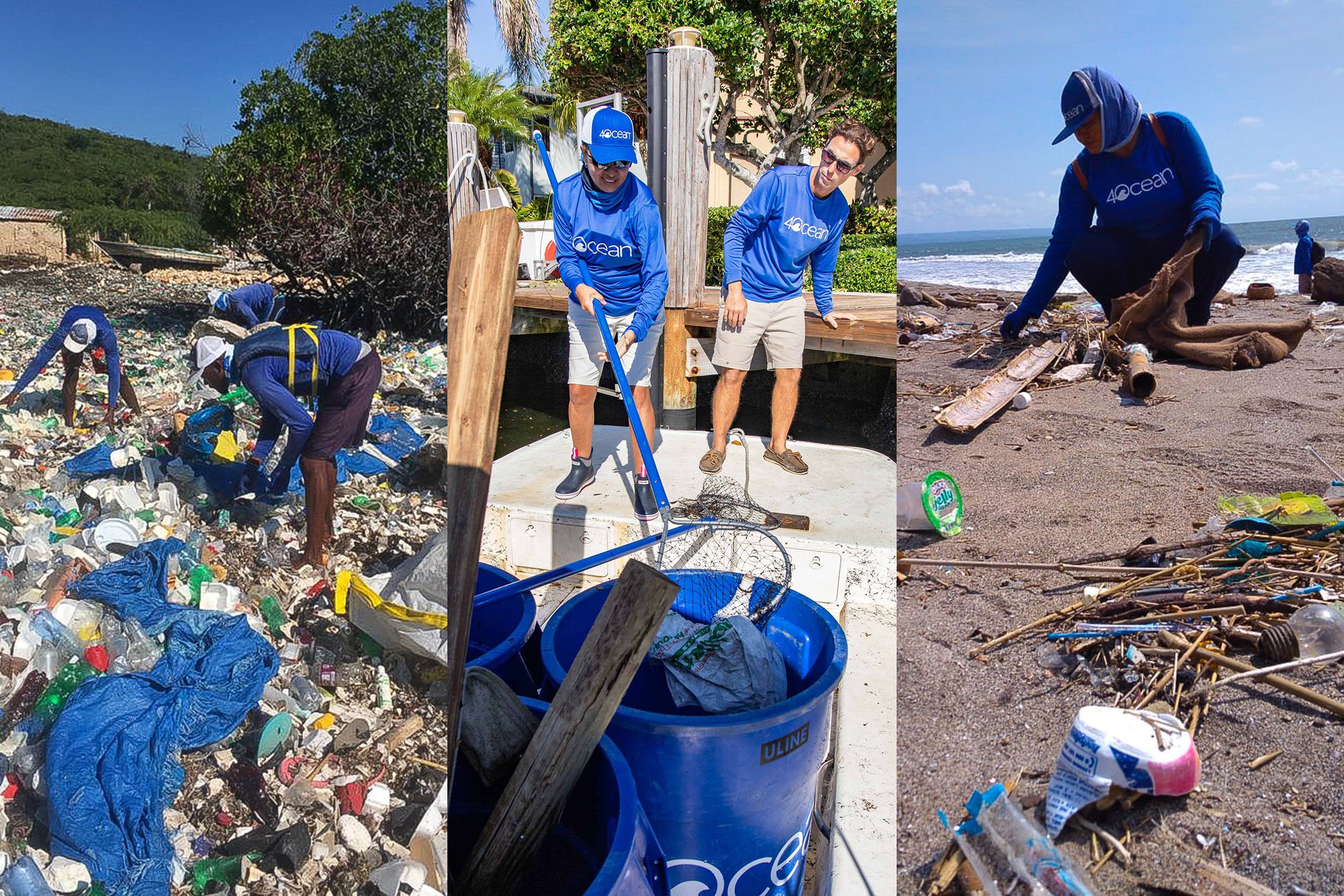 Multiple people cleaning up plastic with a 4Ocean shirt on, a great company to support on American Recycles Day.