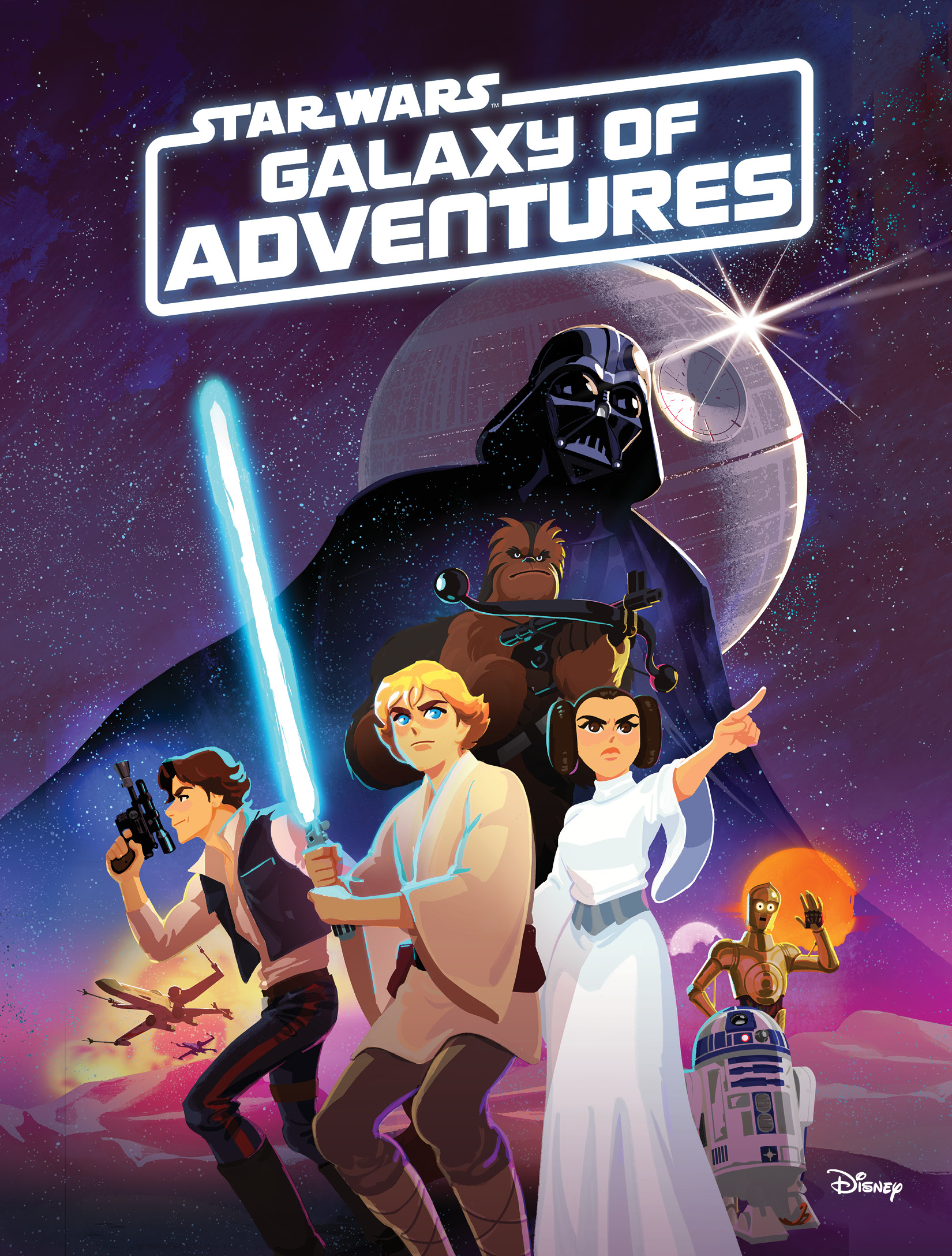 The cover to Disney's colorful, cartoony take on Star Wars, Galaxy of Adventure. A perfect example of cultural osmosis in action. 