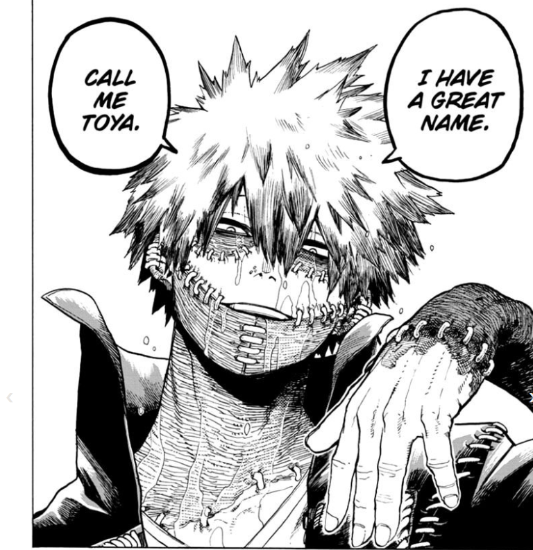 Dabi's dramatic reveal to be Toya Todoroki as the black hair dye runs down his scarred face. 