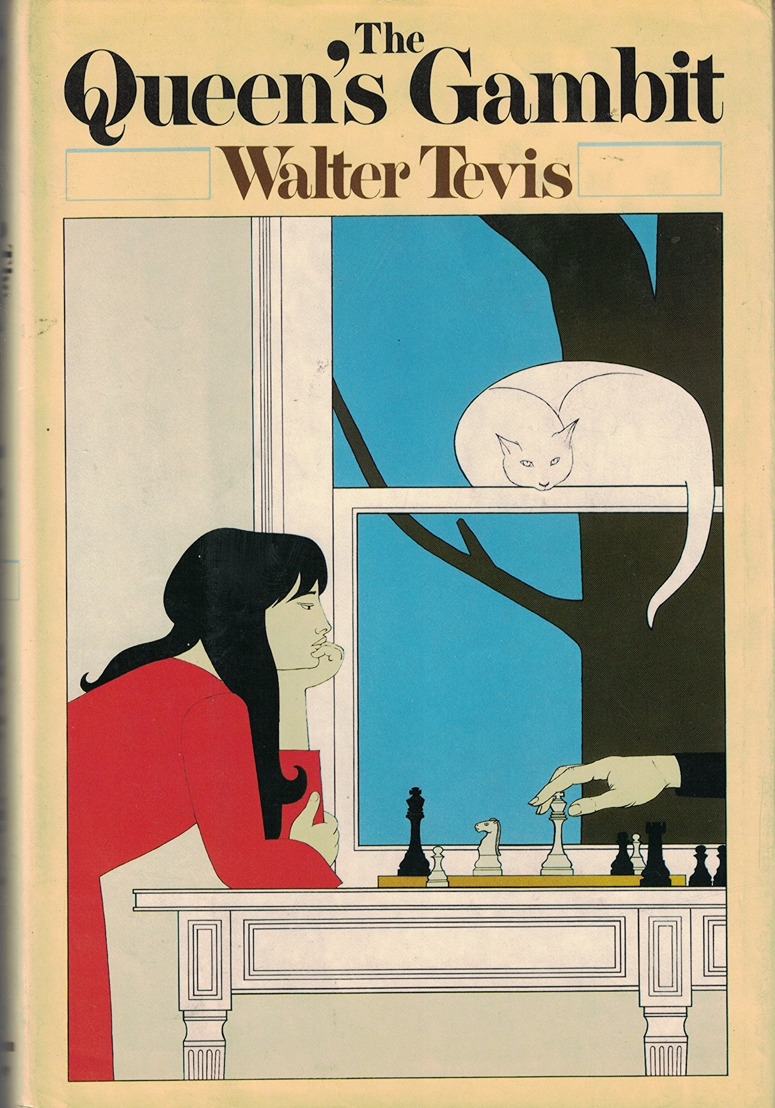 Novel cover for "The Queen's Gambit," a young woman with long black hair faces an opponent while playing a game of chess in front of window facing the the trunk of a tree. There is also a white cat sitting in the window sill overlooking the chess match.