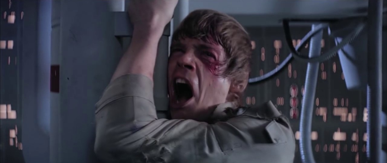 Luke Skywalker screams after finding out that Darth Vader is his father. 