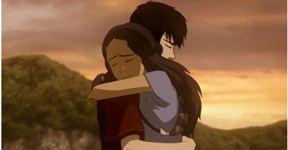 Katara and Zuko hug after she forgives him for his past actions."