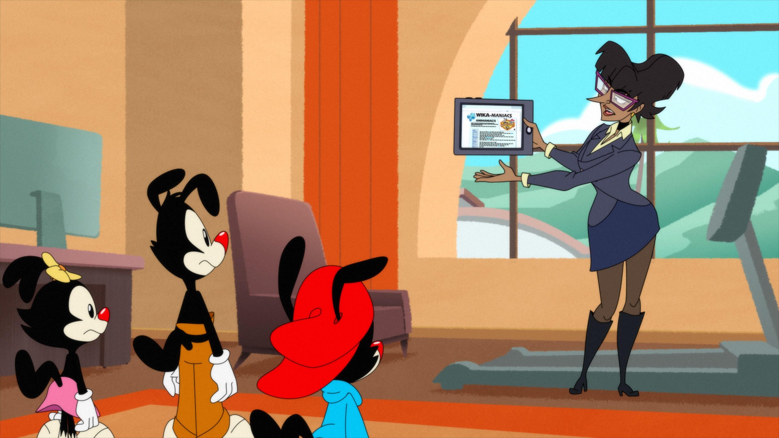 The new CEO of Warner Bros, Nora is talking about Animaniacs to Dot, Yakko, and Wakko. 