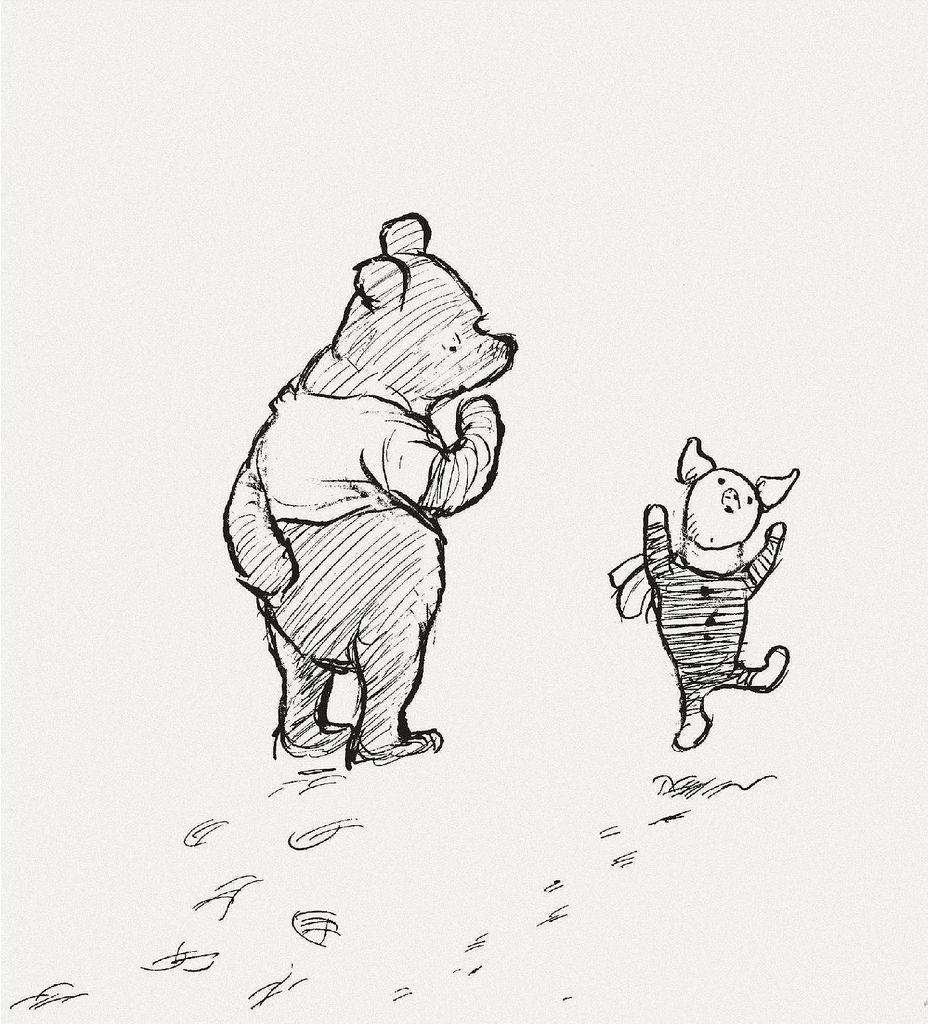 Piglet and Pooh are thankful for their friendship as they walk together.