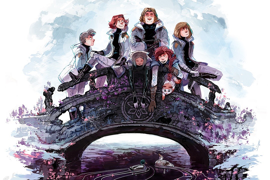 The main cast of Stand Still, Stay Silent: Tuuri, Sigrun, Mikkel, Emil, Lalli, Reynir, and the cat, leaning on the railing of a crumbling stone bridge .