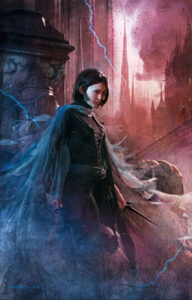 The cover art of Mistborn: The Final Empire, featuring Vin