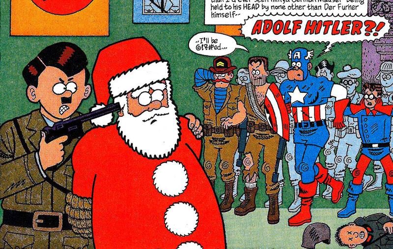 Hitler holds Santa hostage as Captain America and others storm in to the rescue.