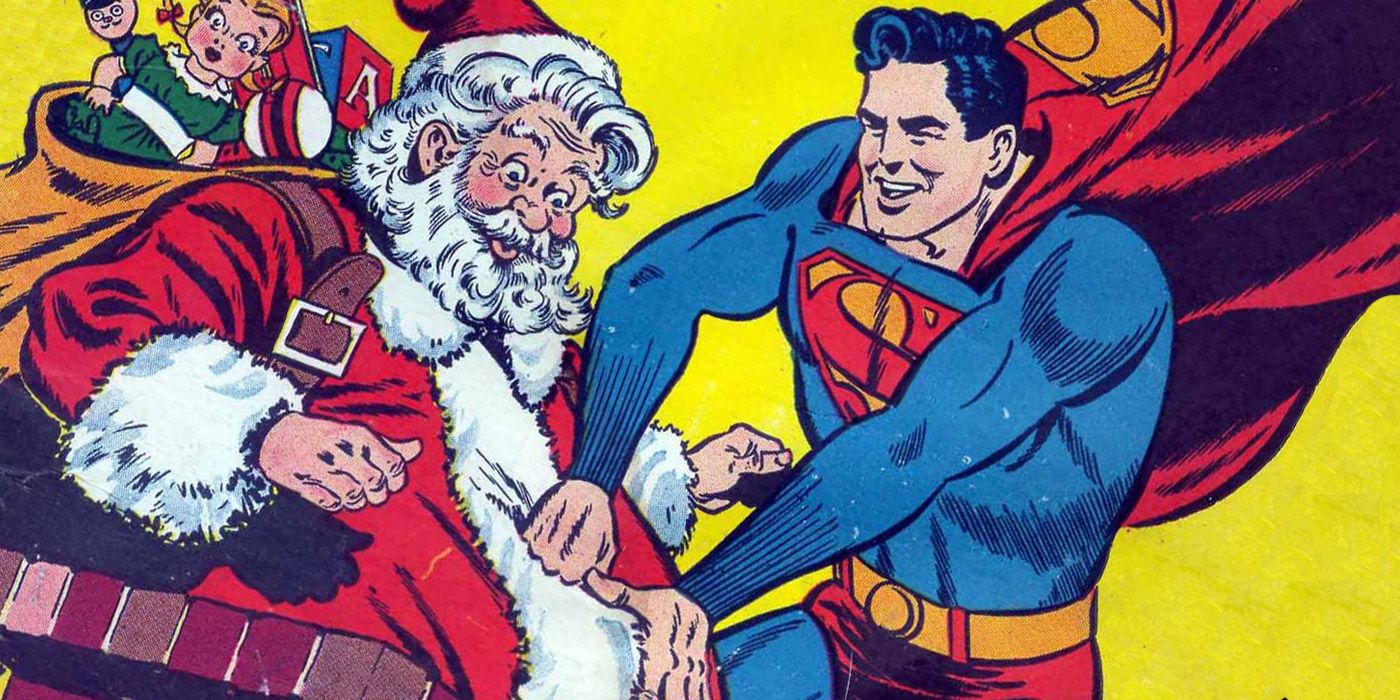 Superman flying next to Santa Claus on a roof. Superman is trying to fit the fat Santa down the chimney with no luck.