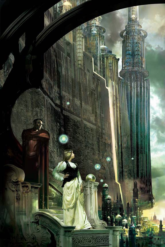 The cover art of Elantris, featuring Sarene and Hrathen