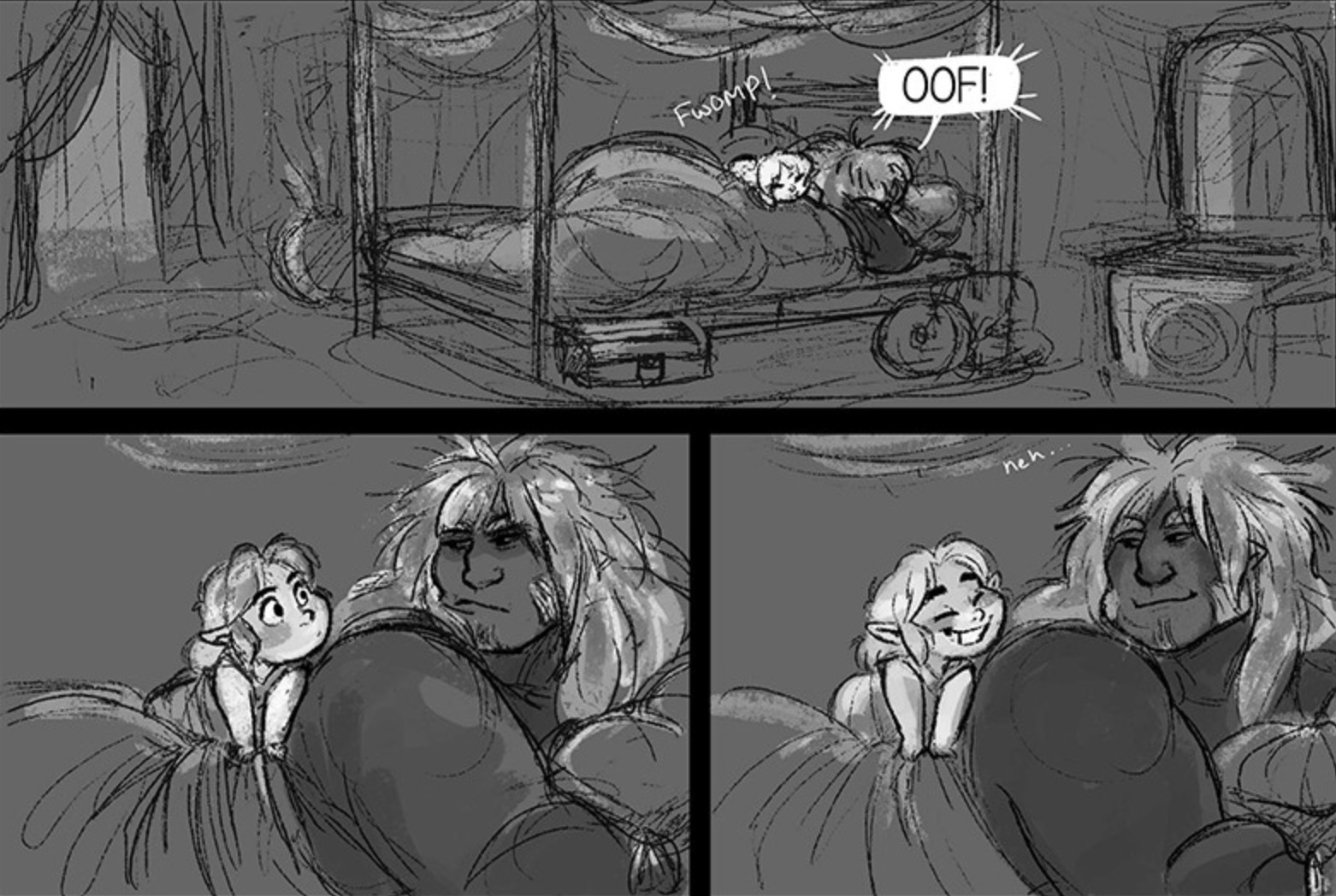 Link, as a toddler, jumps onto Ganondorf while he's sleeping. Ganondorf looks annoyed at him, then they both smile. 