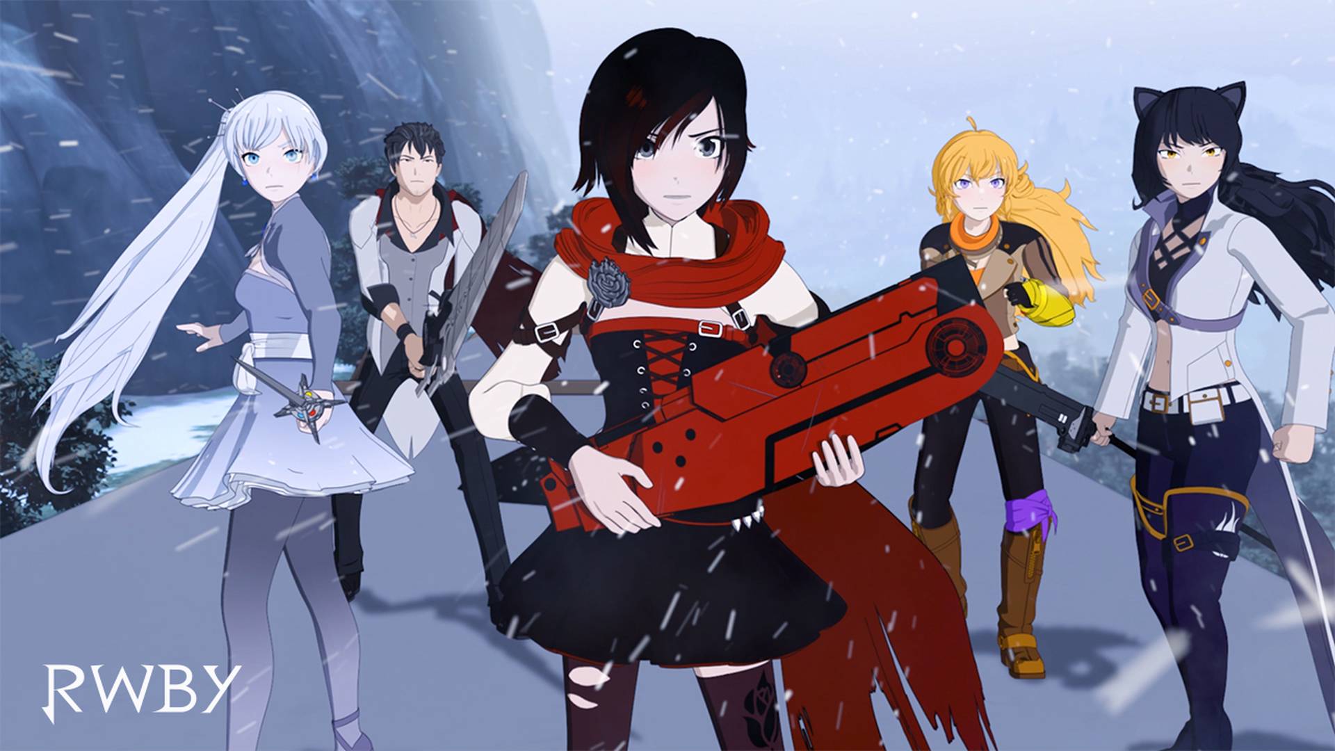 Ruby gets ready for a battle atop a train in the premiere of Vol. 6; from left to right, Weiss, Qrow, Ruby, Yang, Blake.